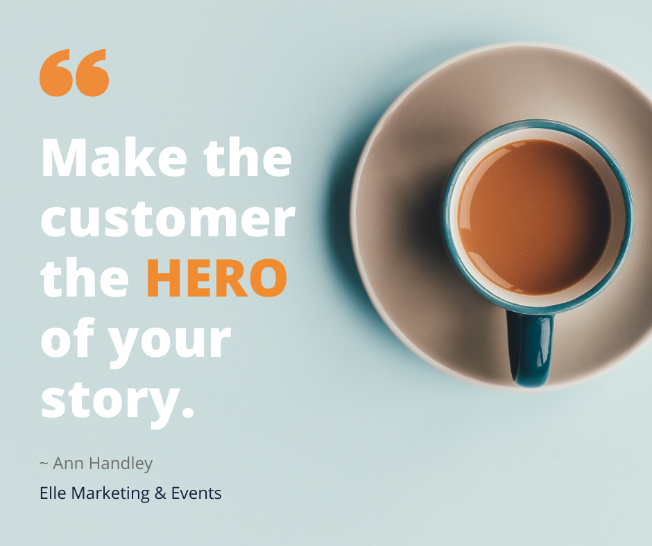 Marketing Quote Ann Handley | Customer the Hero | Elle Marketing and Events | Blue cup of coffee on blue background