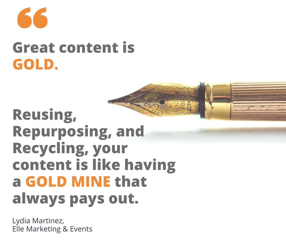 Elle Marketing and Events Marketing Content Quote Content Marketing Quote | Lydia Martinez, Elle Marketing and Events | Gold Pen