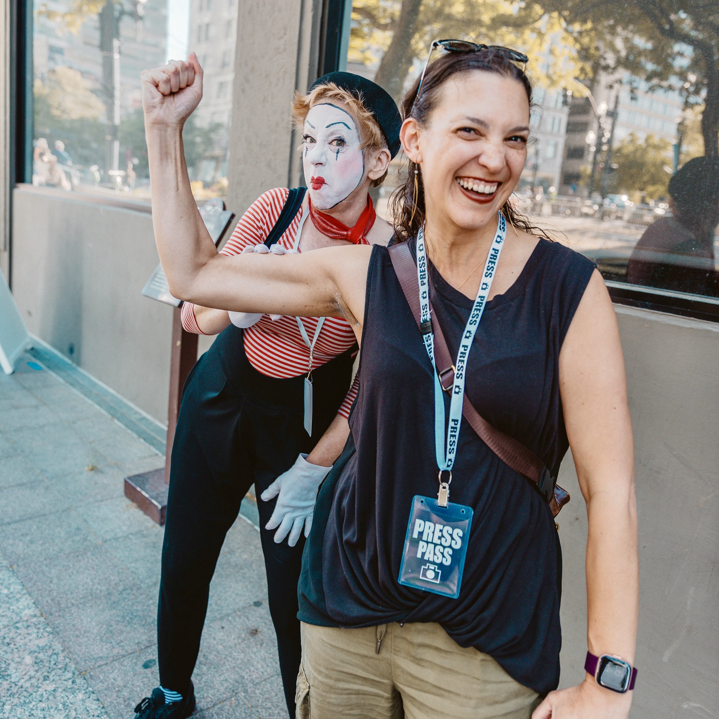 Lydia Martinez, CEO of Elle Marketing and Events with a Mime at SLC Busker Fest